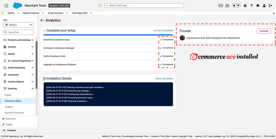 Commerce Apps page in BM — Analytics card with the Commerce Ace icon