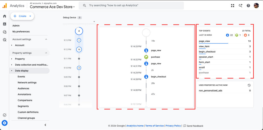 GA4 DebugView — the four events firing in real time