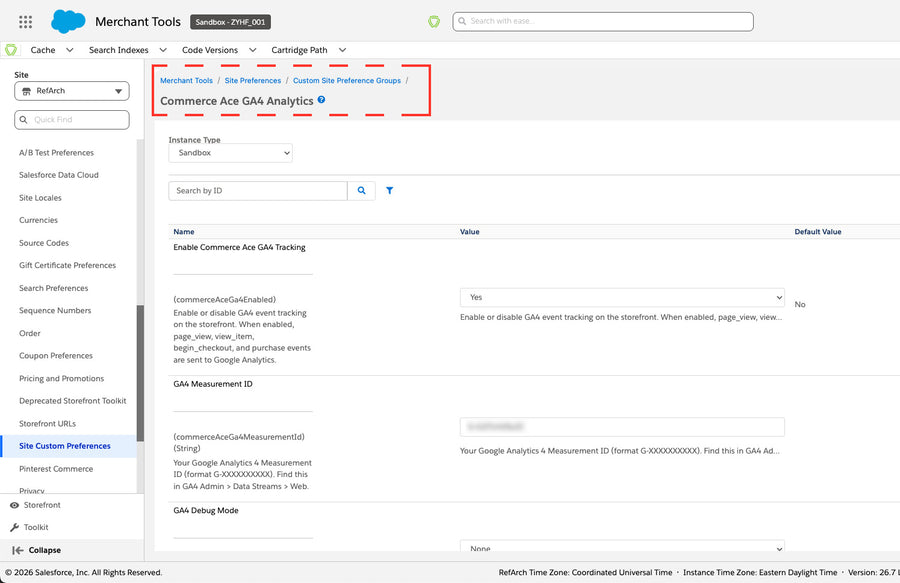Custom Preferences screen — Commerce Ace GA4 Analytics group with the three fields